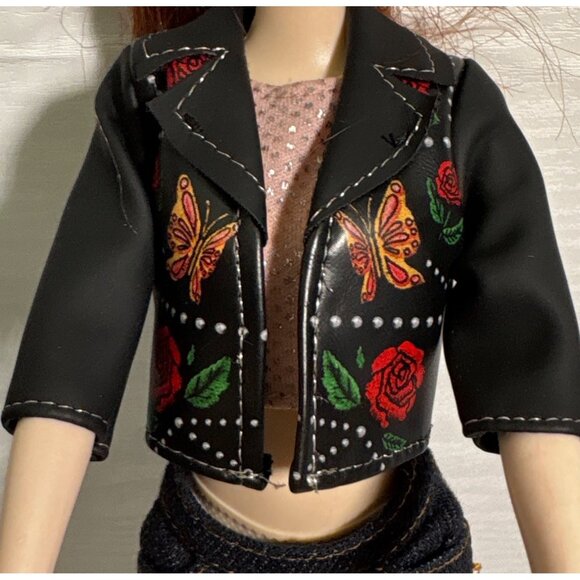 Barbie Doll Redhead Mattel Black Floral Jacket Pink Top Jeans & Yellow Boots - Picture 3 of 11